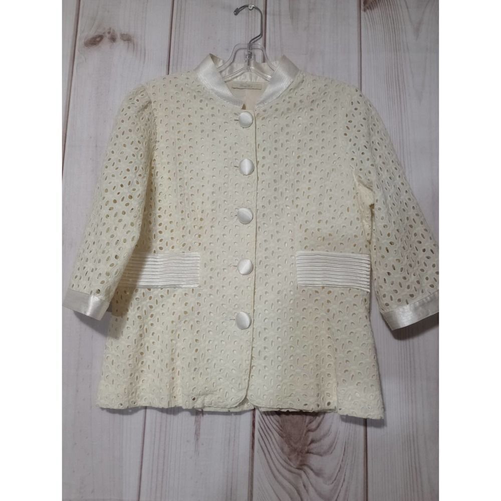 Miss Me Cream Eyelet Cotton‎ Jacket Satin Trim Peplum T8335 Womens Medium